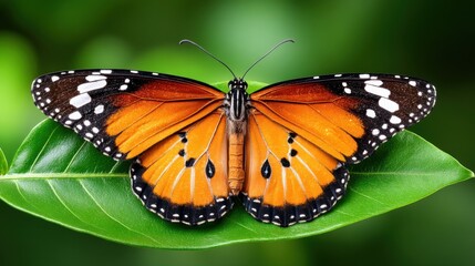 Orange and black butterfly resting on green leaf with blurred foliage background