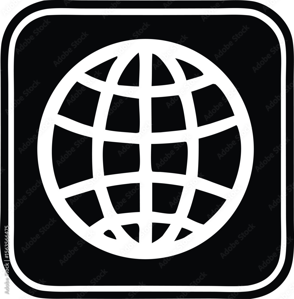 Poster a simple white globe icon with a grid pattern is centered on a black square background with rounded 