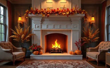 Autumn leaves opulence concept. Cozy fireplace adorned with autumn decorations and comfortable seating.