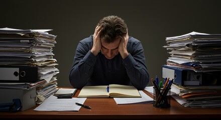 Overwhelmed businessman sits at his desk buried under piles of paperwork, hands on his head, expressing stress and exhaustion from excessive workload.