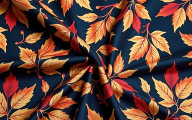Autumn leaves opulence concept. Fabric with a floral leaf pattern in autumn colors on a dark background.