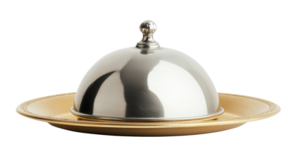 silver serving cloche raised above empty gold plate on white background