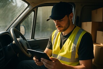 Focused delivery driver wearing safety vest and cap, using tablet inside delivery van, managing logistics and delivery tasks, warehouse industry background
