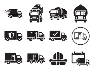 Trucks and vans solid glyph icon set for logistics and transport vehicles showing delivery cargo and other commercial and industrial automobile symbols