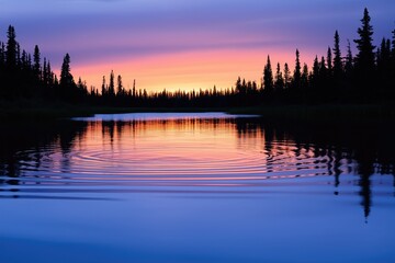 Obraz premium A glassy lake reflecting the stunning pastel hues of a fading sunset, with gentle ripples slightly distorting the dreamy colors. The surrounding trees cast dark silhouettes against the sky.