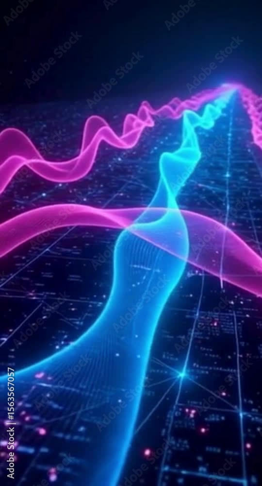 Poster abstract data visualization with pink and blue waves on a dark background