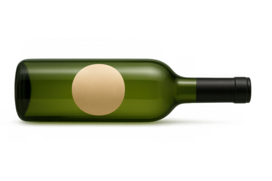 Green wine bottle with blank round sticker label lying down on transparent background, ready for your design - Powered by Adobe