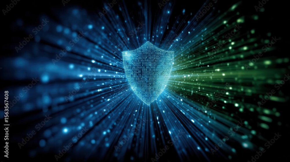 Poster shield made of digital binary code provides security and protection from cybersecurity threats