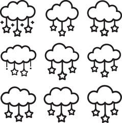 Whimsical Cloud and Star Doodle Vector Set with Celestial Rain and Hanging Garlands in Line Art Style