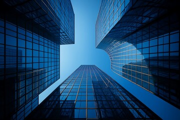 Looking up at modern skyscrapers with glass facades reflecting the blue sky, urban architecture, tall buildings, cityscape, glass architecture, skyline