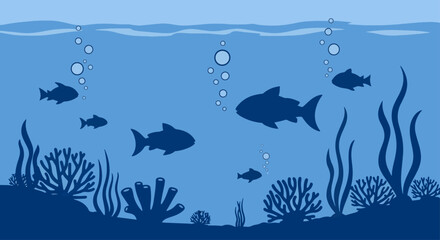 A tranquil underwater scene depicts the silhouettes of fish swimming amidst coral, seaweed, and rising bubbles in various shades of blue.
