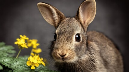 A cute brown rabbit with large ears sitting next to yellow primrose flowers on a dark background