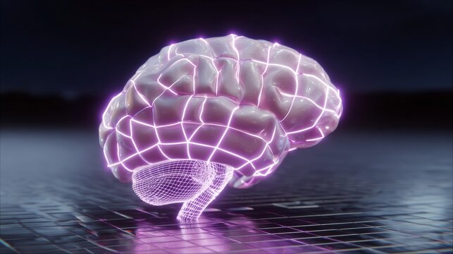 Futuristic digital human brain with neon grid on dark background