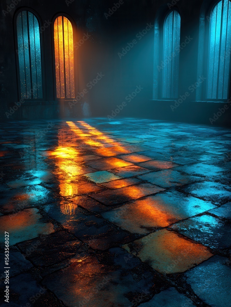 Poster warm light shines through windows into dark, tiled room at night, creating reflections and moody atm