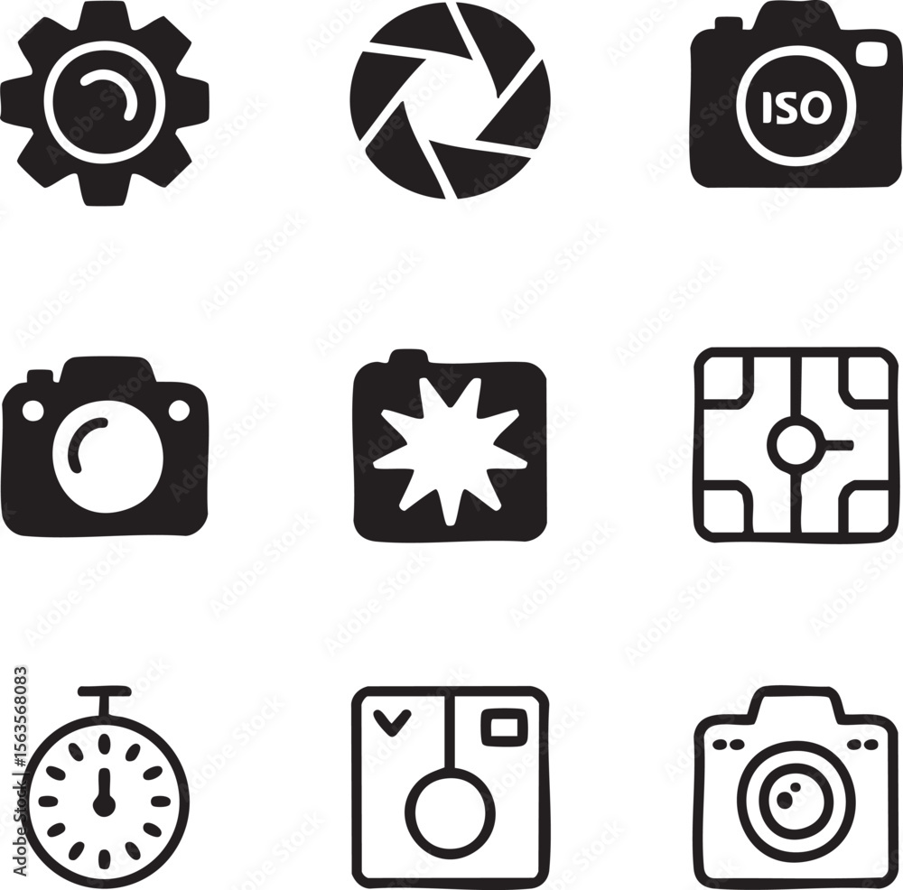 Aufkleber nine black and white minimalist camera settings icons gear aperture i s o shutter speed flash timer 