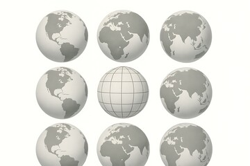 Fototapeta premium set of interconnected world globes with a central globe displaying a grid design, representing international cooperation and connectivity, warehouse industry background