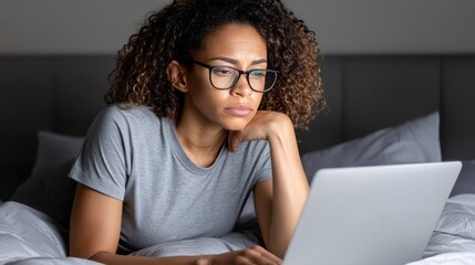 Woman working on laptop at home with focused expression