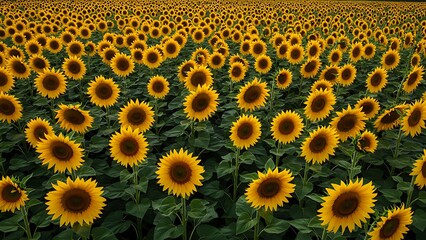 Sunflower Field with Vivid Yellow Blooms in Summer Landscape