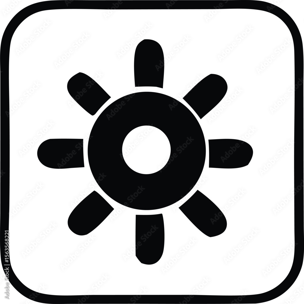 Poster simple black icon of a sun with rounded rays and a central circle within a rounded square border