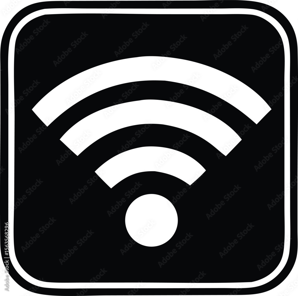 Poster simple black and white icon representing wireless internet connectivity with radiating signal waves 