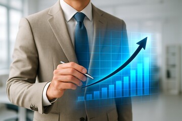 Businessman in a suit drawing a digital graph with a holographic interface to represent financial growth, market trends, and professional successbusiness background