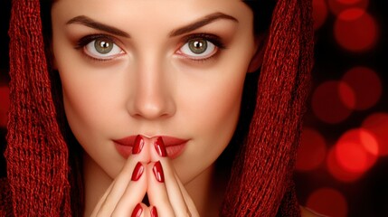 Woman with intense gaze and red lipstick, wearing a cozy red hooded sweater