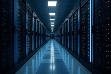 Futuristic data center with rows of server racks glowing in blue light, showcasing a high tech digital infrastructure and modern technologyserver room background