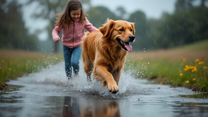 Joyful girl running through puddle with happy golden retriever on rainy day in green field with yellow flowers