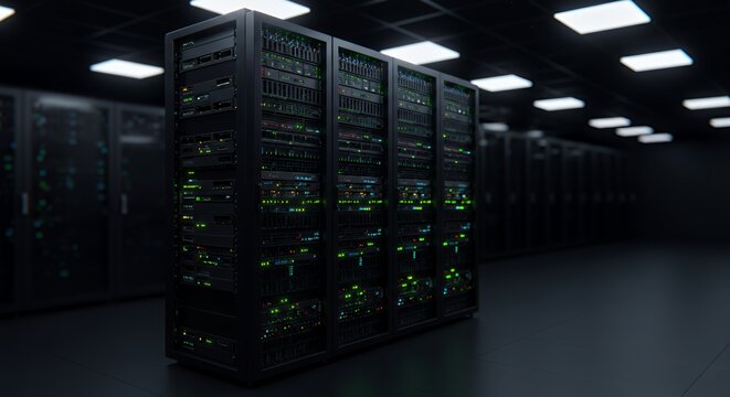 Sleek server racks hum with activity in a darkened data center, showcasing advanced technology and powerful computing capabilities.