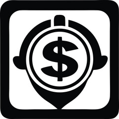 Stylized black and white icon featuring a dollar sign within a location pin marker symbolizing financial services or currency