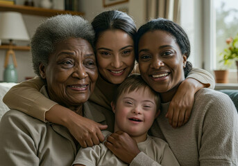An elderly african american woman, a young indian woman, and an african american woman embrace a boy with down syndrome, cheerful bond.