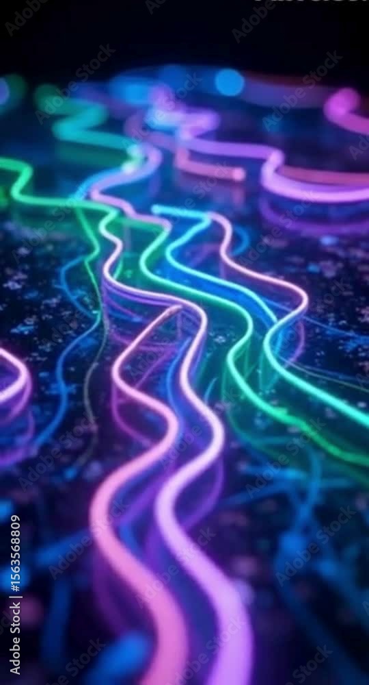 Aufkleber abstract neon light trails on dark surface with bokeh effects and reflections