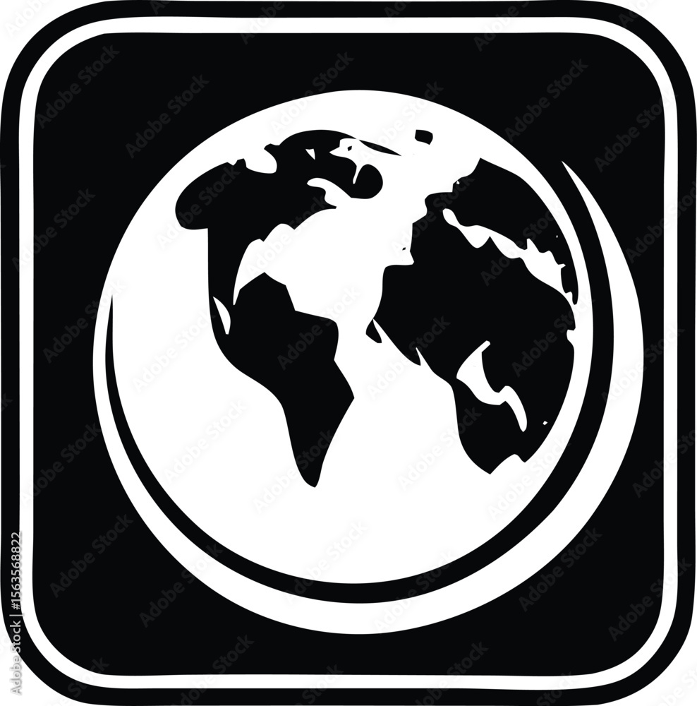 Poster stylized black and white graphic of the earth with continents visible enclosed within a rounded squa