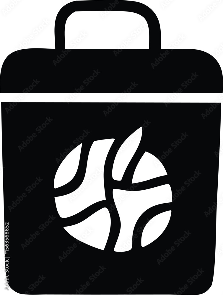 Poster stylized black silhouette of a briefcase with a circular abstract pattern on its front surface