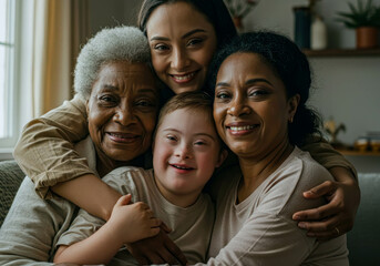 A woman, and girl and boy with down syndrome group hug, representing happy family moments, support, and diversity.