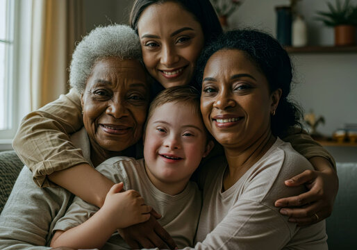 A woman, and girl and boy with down syndrome group hug, representing happy family moments, support, and diversity.