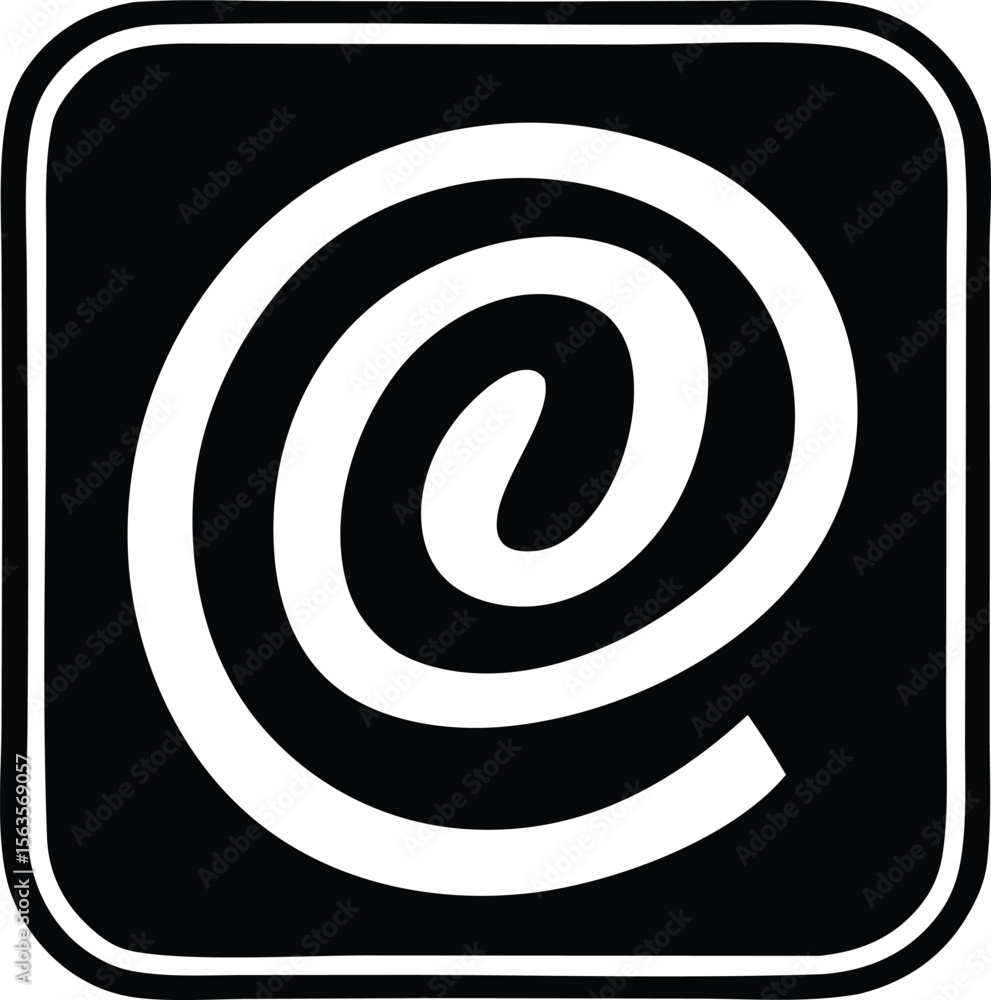 Poster stylized white at symbol enclosed within a rounded black square representing communication and digit