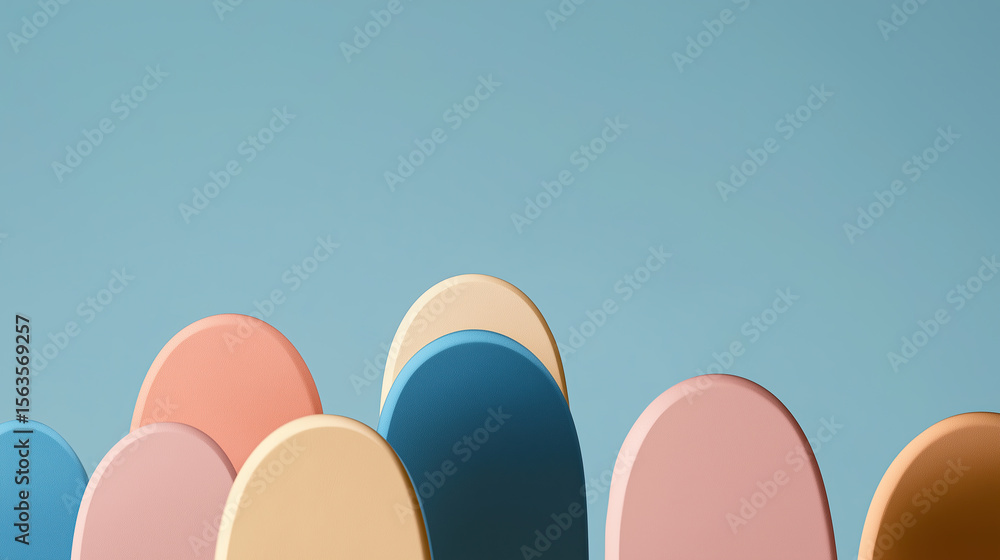 Aufkleber overlapping circular forms create harmonious pastel composition against serene blue backdrop