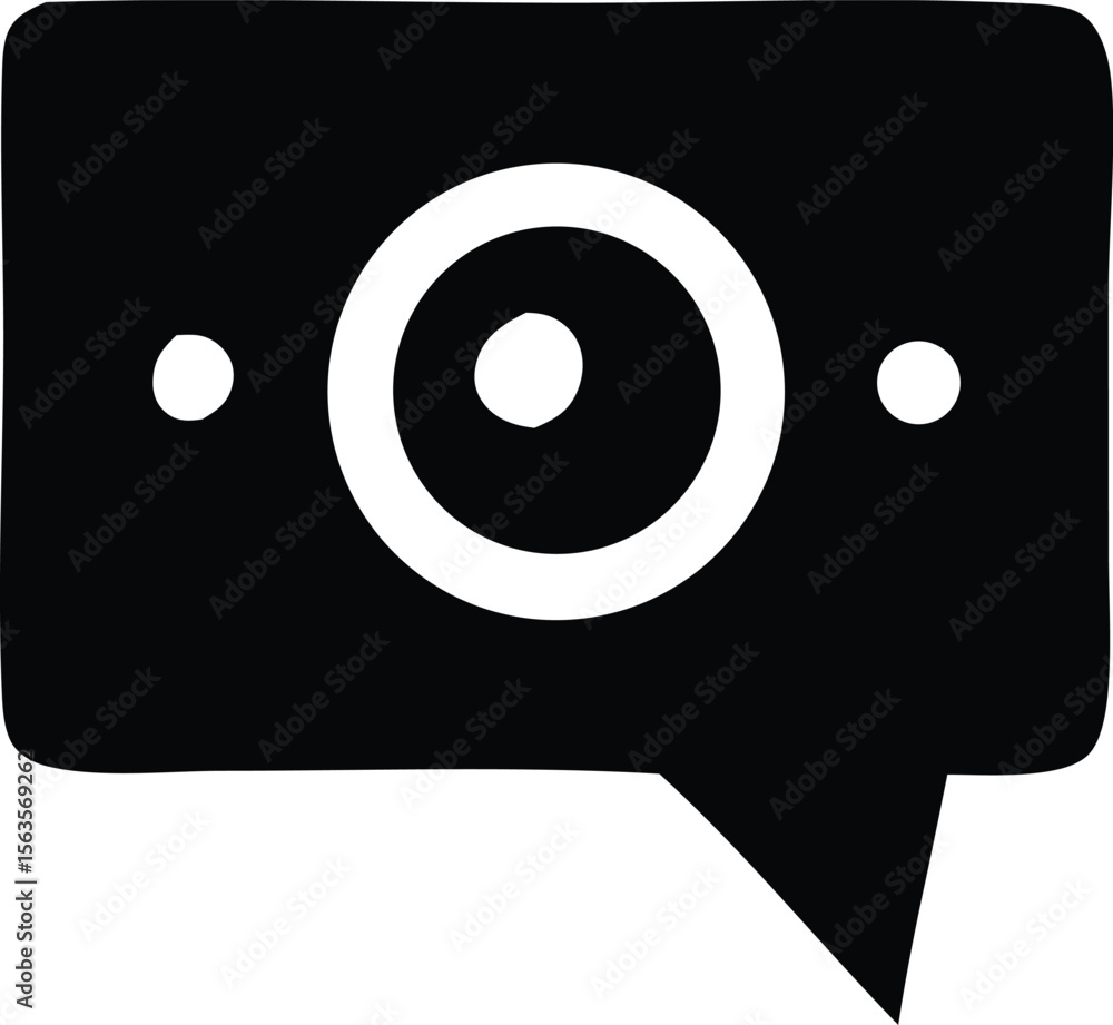 Poster simple black and white icon representing a speech bubble containing a stylized camera lens with two 