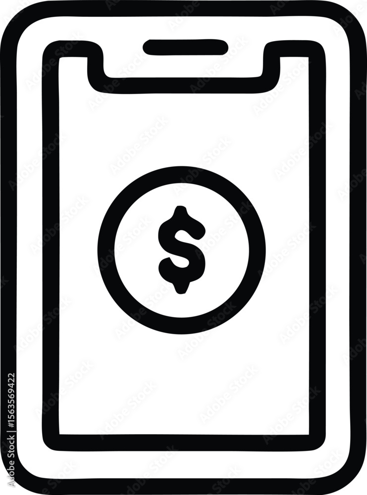 Poster simple hand drawn icon of a smartphone displaying a dollar coin symbolizing mobile banking and finan