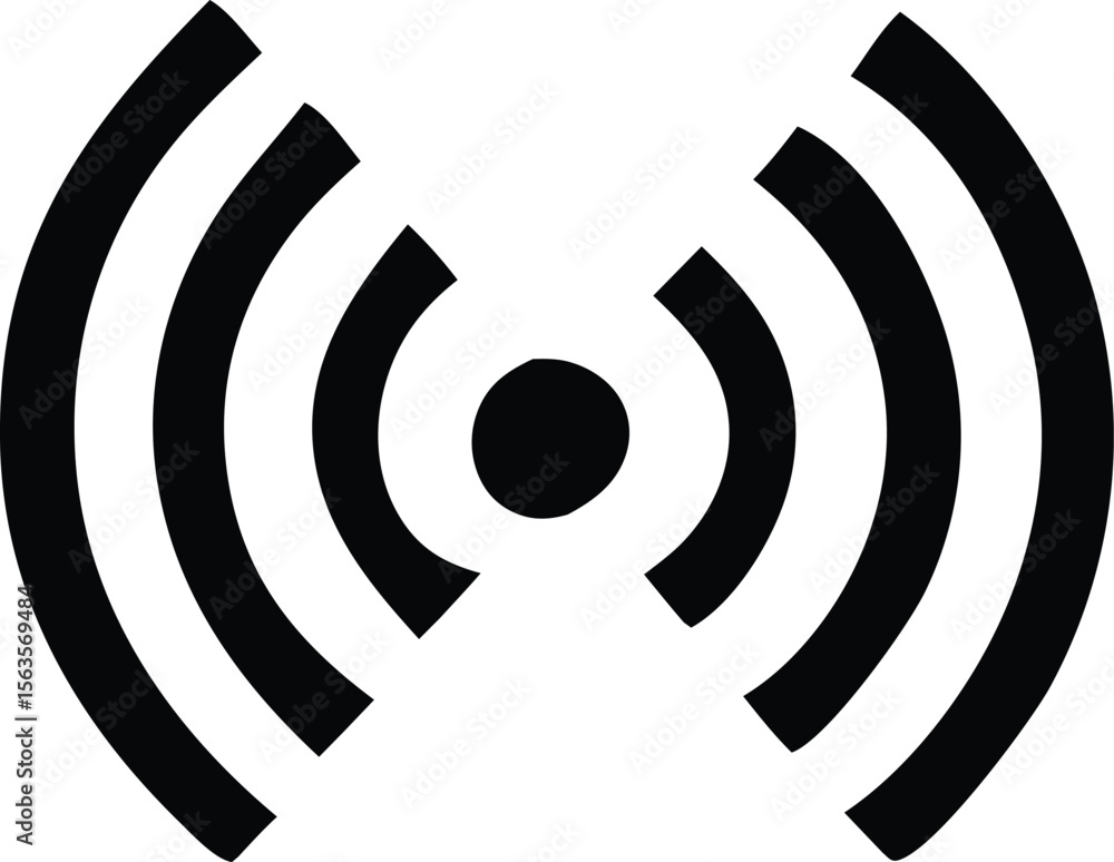 Poster simple black and white graphic of a wi fi signal icon with radiating waves emanating from a central 