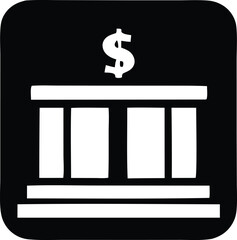 Simple black and white icon of a bank building with a dollar sign symbol on top