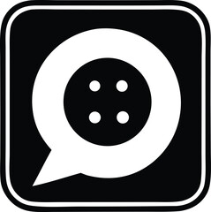Abstract icon combining a speech bubble with a four hole button design on a black background