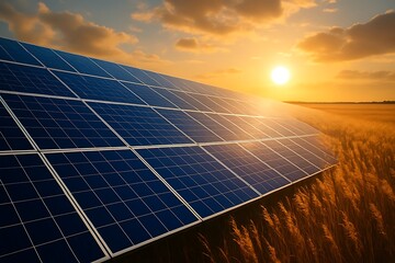 Solar panels on a farm field glowing under the sunset sky, representing green energy solutions and environmental sustainabilitywarehouse industry background