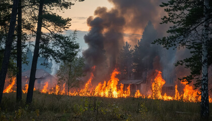 Forest fires in hot summer near residential villages.
