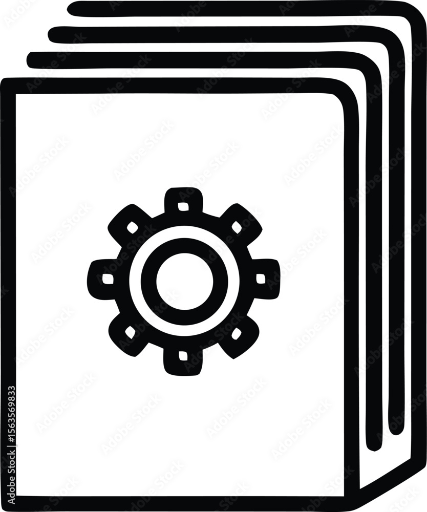 Poster stylized icon of a stack of documents or files with a gear symbol representing settings or operation