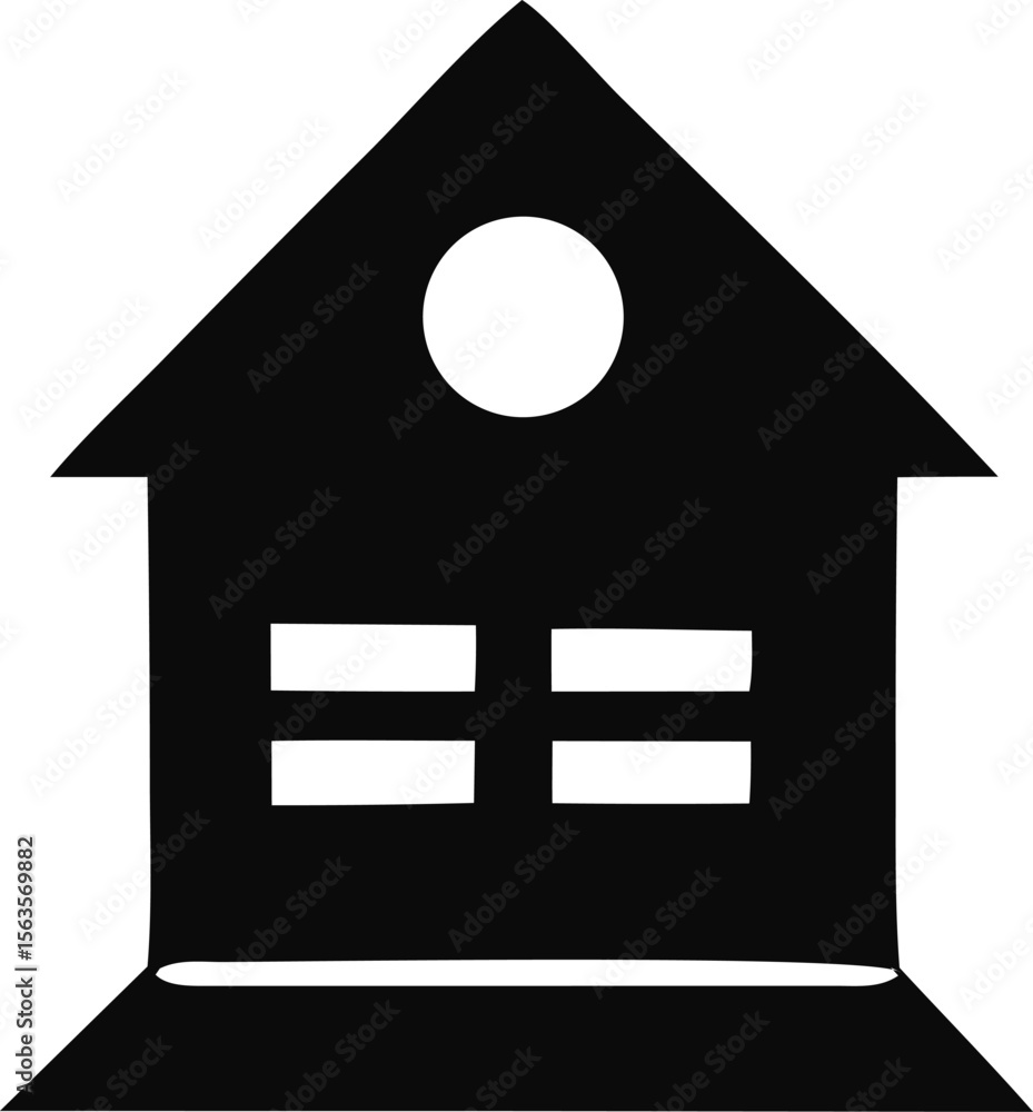 Poster minimalist black and white icon of a house with a circular window and horizontal rectangular windows