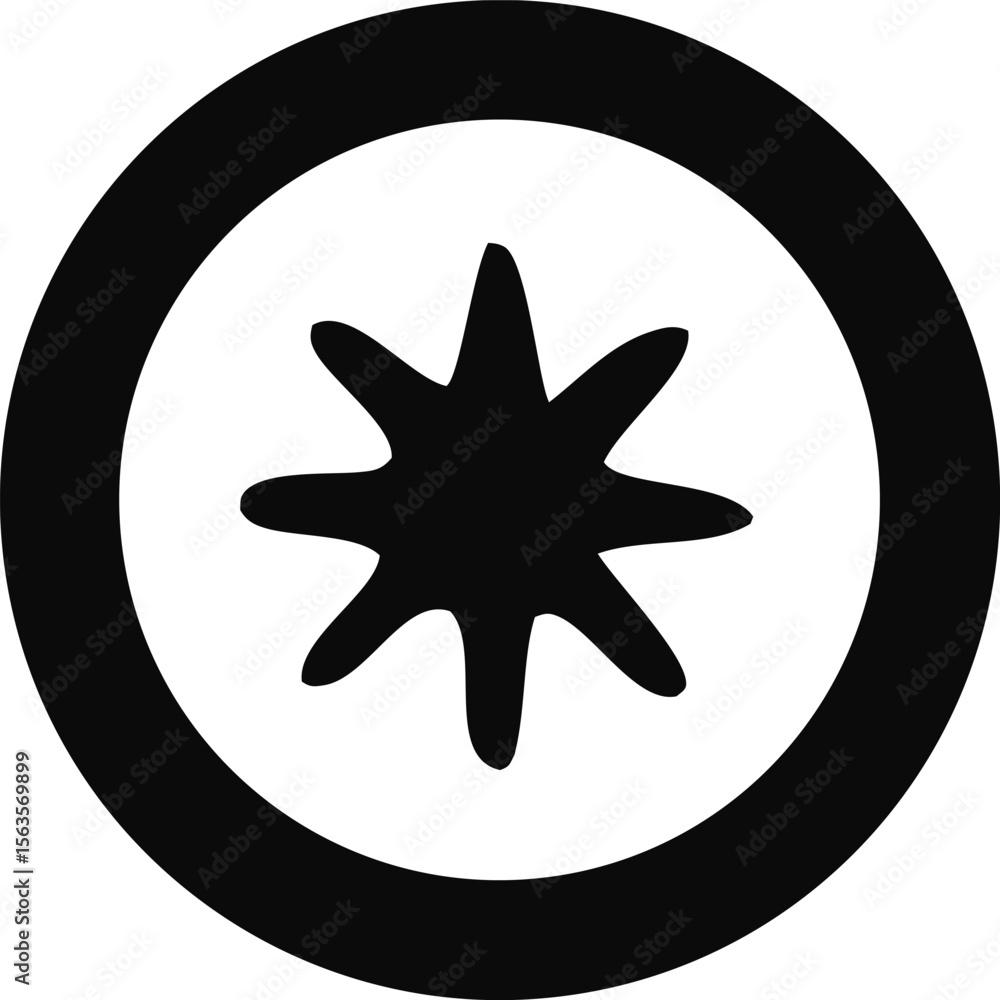 Poster a stylized black eight pointed star shape centered within a thick black circular border on a white b
