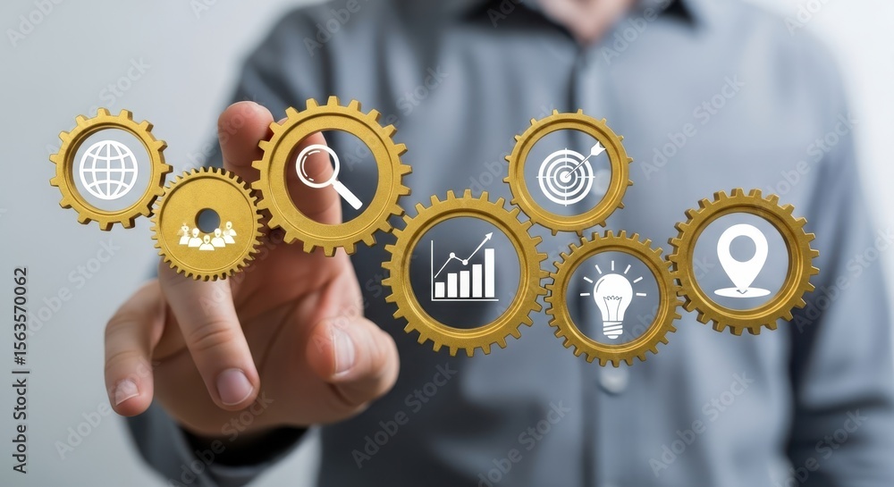 Poster business process automation: man touching golden gears representing workflow, strategy, and innovati