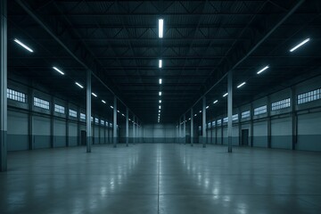 empty warehouse interior with bright lighting and clean floors, modern industrial design, vast space, large scale, warehouse industry background